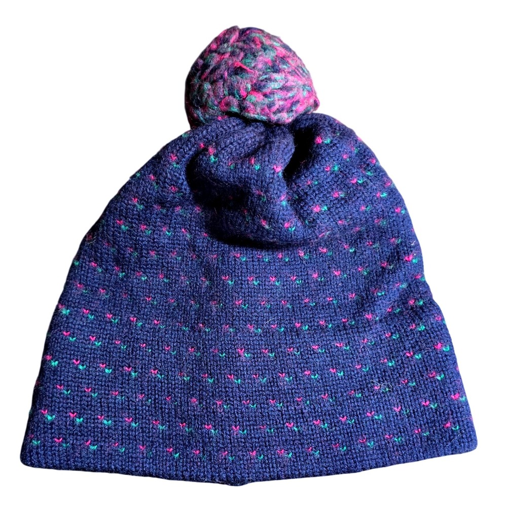 CB‎ Sport Vintage Women's Blue Pom Pom Hat with Pink Green Fair Isle Pattern